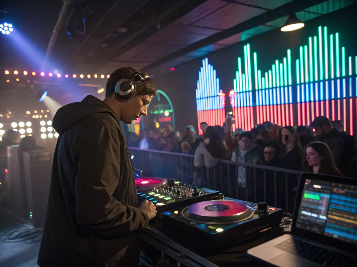 An image showcasing a live DJ set in a virtual room, with animated sound waves and a dynamic, energetic atmosphere. The image should capture the excitement and energy of a live DJ performance.