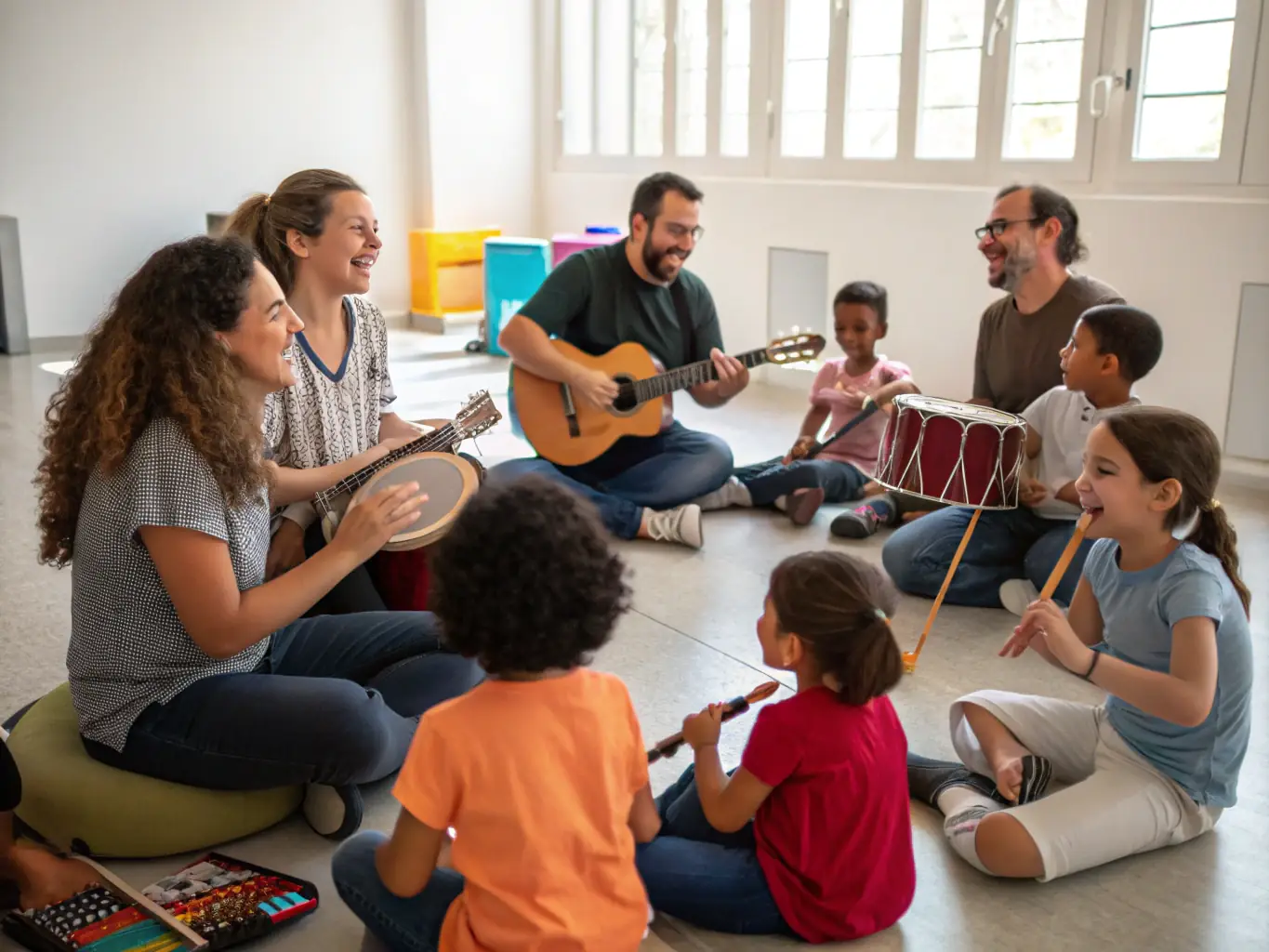 A warm, inviting image of a virtual acoustic jam session, with people playing various instruments and singing together. The image should evoke a sense of collaboration and musical harmony.
