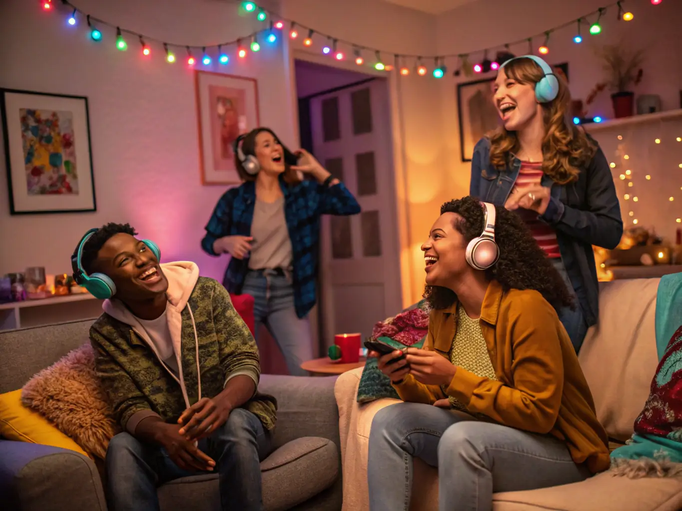 A vibrant, colorful image depicting a group of diverse people listening to music together in a cozy, virtual room setting. The image should convey a sense of community and shared enjoyment of music.